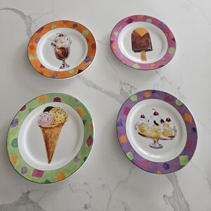 Set Of 4 American Atelier Porcelain Dessert Plates - Ice Cream Sundae Cone Float